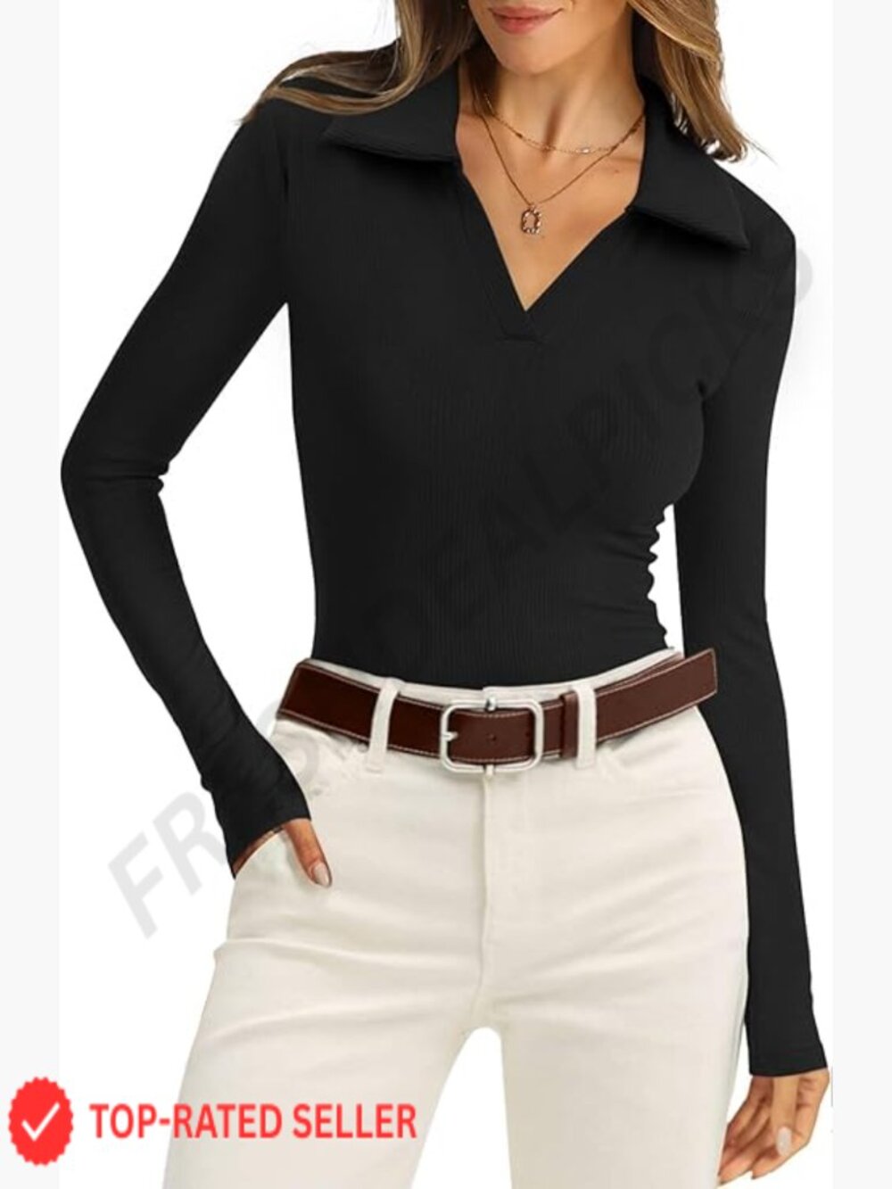 Long Sleeve Polo Shirt Slim Fit Ribbed Knit Business Casual V-Neck Top